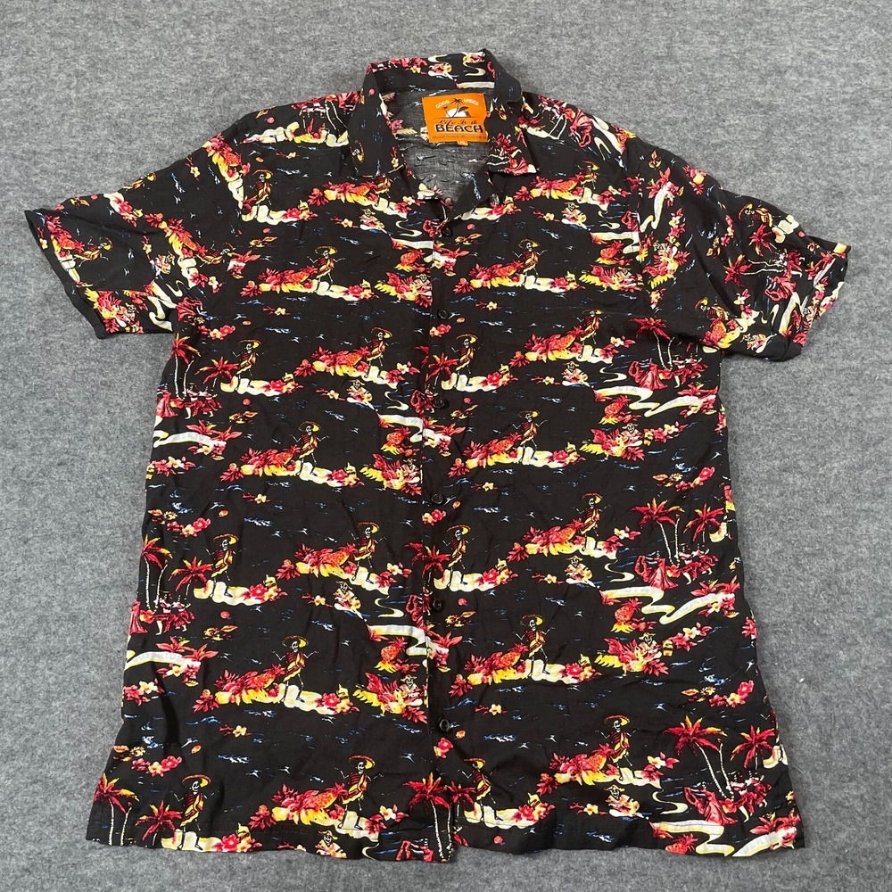 Good Vibes Life Is‎ A Beach Drill Shirt Mens Extra Large Black Floral Skull AOP